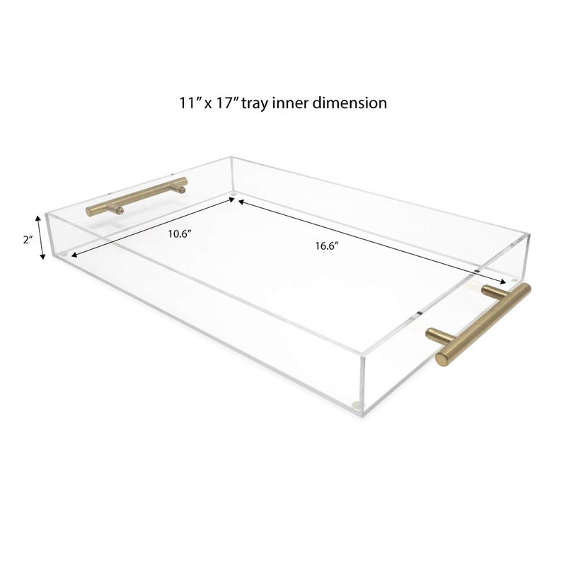 Isaac Jacobs Clear Acrylic Serving Tray (11x17) with Gold Metal Handles, Spill-Proof, Stackable Organizer, Food & Drinks Server, Indoors/Outdoors, Lucite Storage DÃ©cor (11x17, Clear with Gold Handle) - Image 2